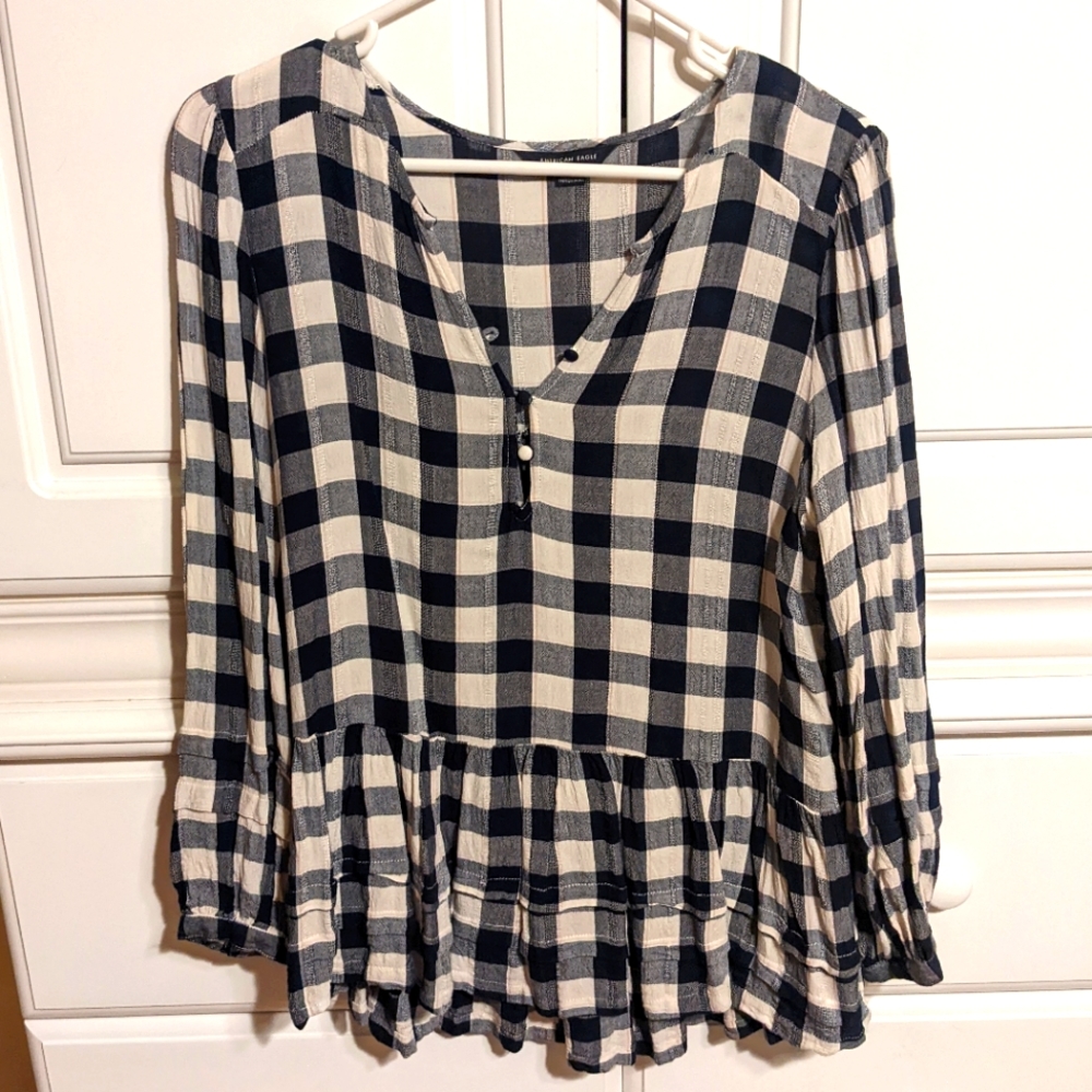 Navy and White Gingham Ruffled Top